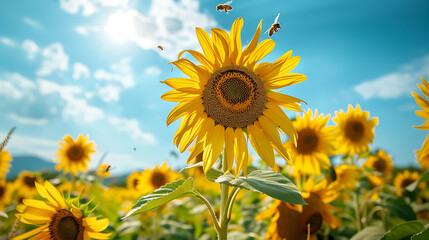 A vibrant sunflower field under a bright blue sky, with bees buzzing around the flowers in