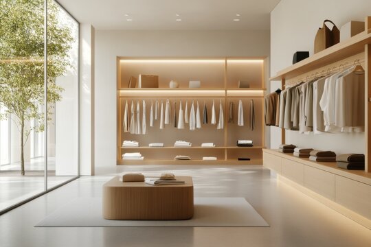 Stylish boutique clothing store featuring minimalist design and elegant fashion displays in a modern setting