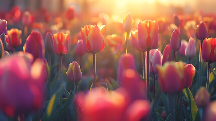 A vibrant tulip field with rows of colorful flowers, a clear sky, and soft sunlight in