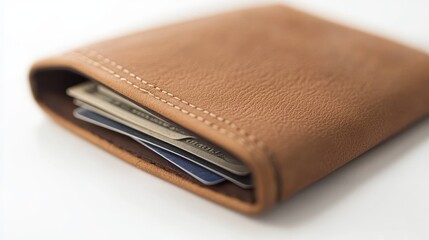 A close-up of a wallet with a few credit cards and cash inside on a white isolated background