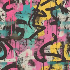 A high-resolution seamless graffiti pattern featuring rough spray-painted layers, chaotic scribbles, and dripping paint. The design blends neon and muted colors with aged wall textures, capturing