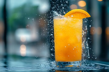 Orange drink splash, cafe, bokeh