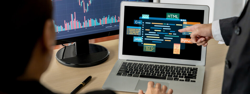 Software development or programming work with coding screen of various programming languages like HTML, Python, Java, and C brisk for new application development