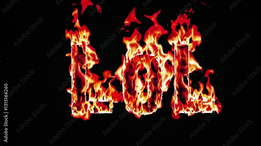 Poster a fiery 'lol' text effect in a video, captured from a front angle. flames engulf the letters, creati