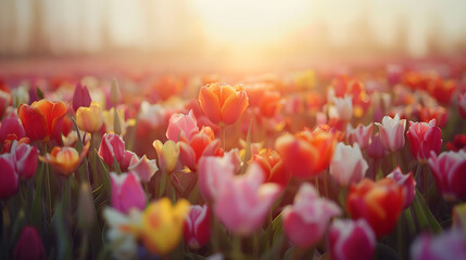 A vibrant tulip field with rows of colorful flowers, a clear sky, and soft sunlight in