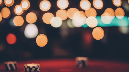 Fototapeta premium Blurred casino night scene with poker chips on a table.