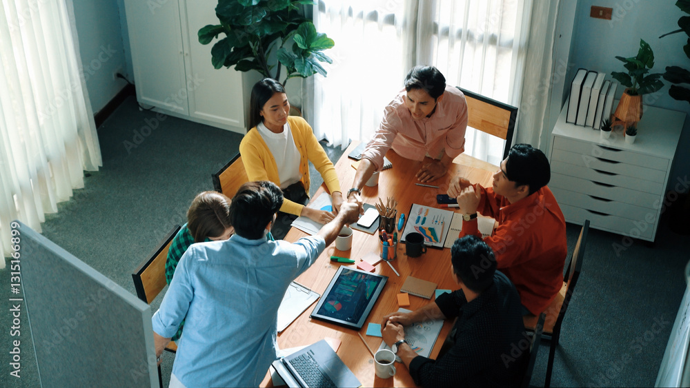 Poster top view of attractive diverse team clapping hands while project manager present creative idea at me