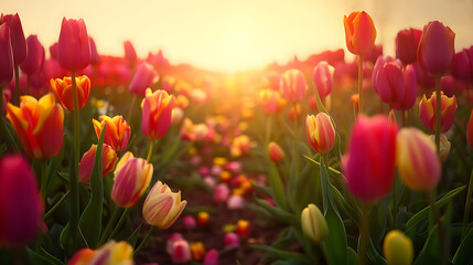 A vibrant tulip field with rows of colorful flowers, a clear sky, and soft sunlight in