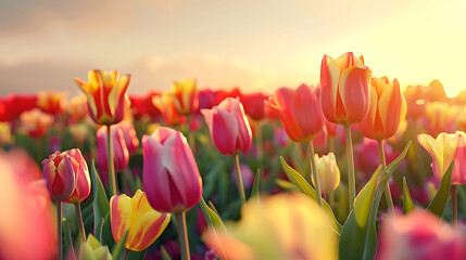 A vibrant tulip field with rows of colorful flowers, a clear sky, and soft sunlight in