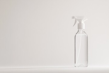photograph single bottle of clear household cleaning spray on white background ensuring ample copy space around subject