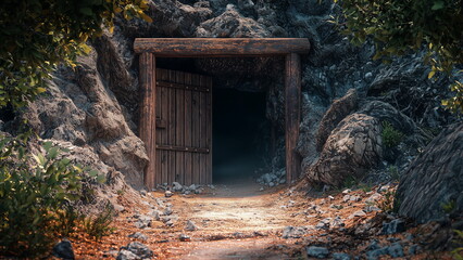 Wooden entrance to a gold mine in the rocky mountain, empty and dark tunnel