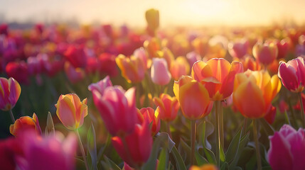 A vibrant tulip field with rows of colorful flowers, a clear sky, and soft sunlight in
