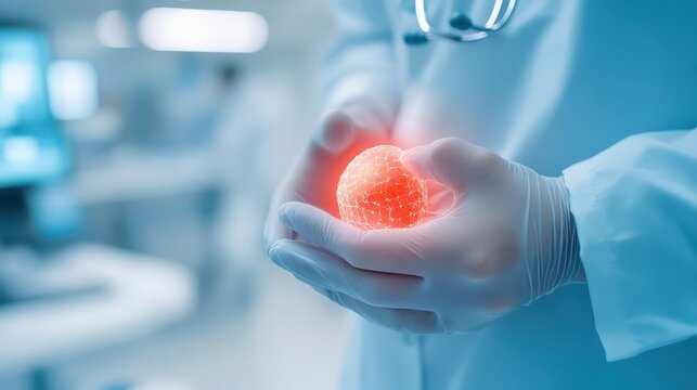 Doctor holds symbolic blood sphere, healthcare and blood donation concept medical
