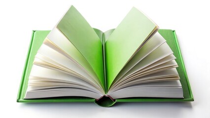 Open Green Book, Blank Pages, Hardcover, Top View, Isolated,  Conceptual Photography