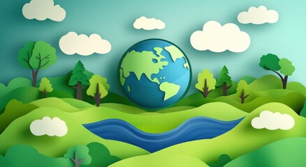 Earth day, paper art landscape, peaceful scene, environmental concept