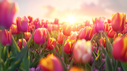 A vibrant tulip field with rows of colorful flowers, a clear sky, and soft sunlight in