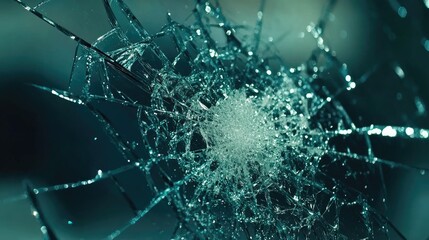 Close-up of shattered glass on an office desk, reflecting light from a broken window after an accident or vandalism.