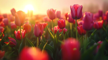 A vibrant tulip field with rows of colorful flowers, a clear sky, and soft sunlight in