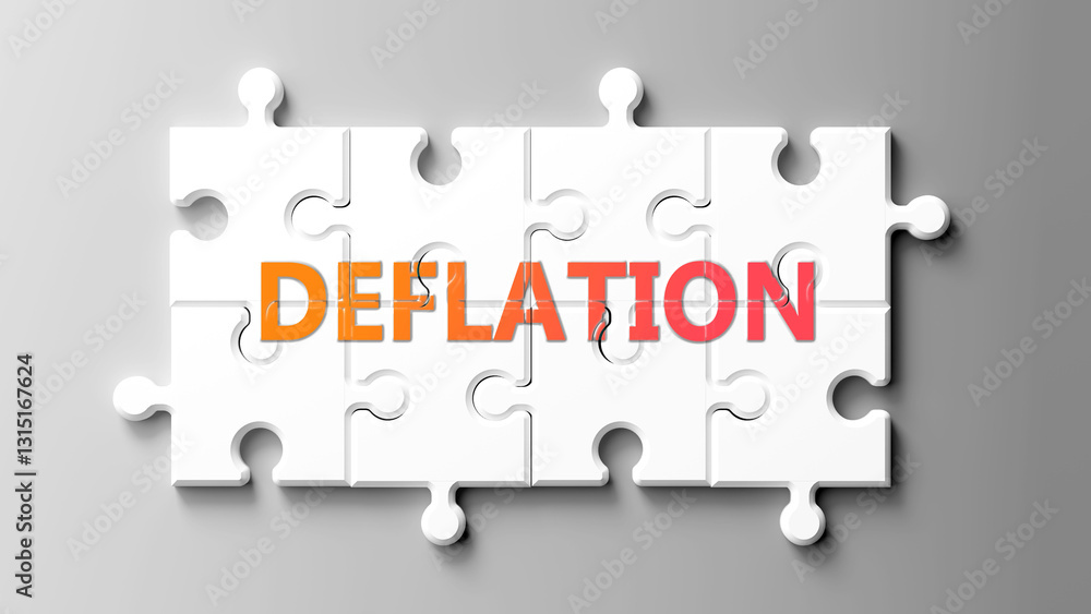 Aufkleber Deflation complex like a puzzle - pictured as word deflation on a puzzle pieces to show that deflation is complex and needs cooperating pieces that fit together. ,3d illustration