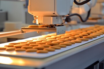 Cookies travel along a factory production line. The automated process is shown in detail, with machinery visible.