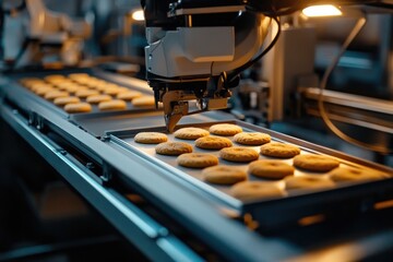 Cookies travel along a factory production line. The automated process is shown in detail, with machinery visible.