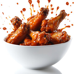 A Bowl of Spicy Buffalo Wings with Sauce Splattering Isolated on Transparent Background