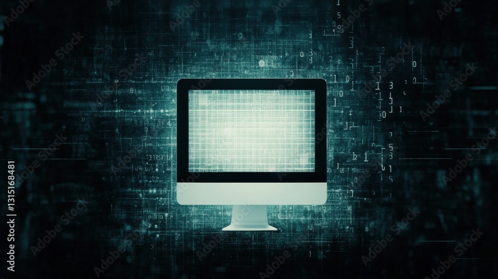 Aufkleber Simple white computer icon on an abstract digital background representing technology and data processing with space for text inclusion