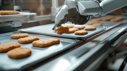 A robotic arm places cookies on a conveyor belt in a food factory. 