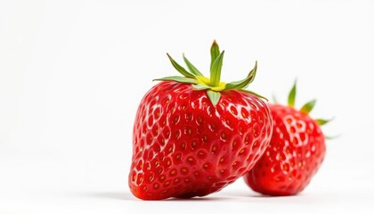 A single, ripe strawberry, vibrant red, sits on a pure white background, nature, macro