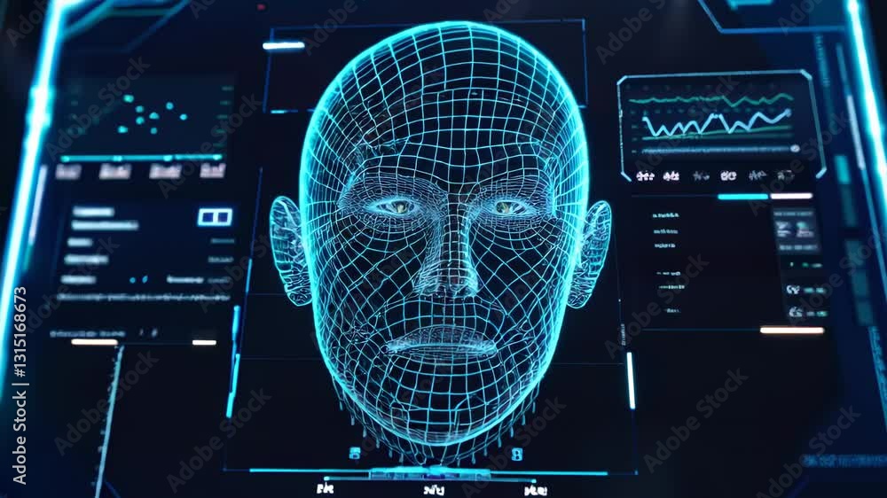 Poster facial recognition technology, person face with data of ai biometric system on computer screen, 3d d