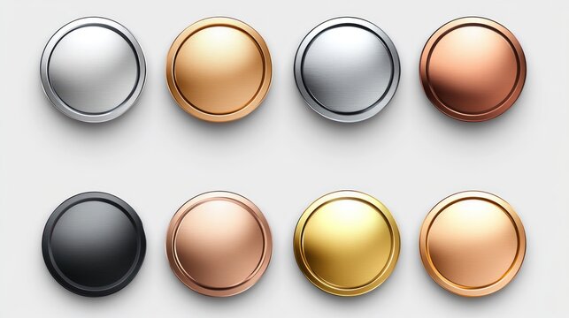 Eight round metallic buttons in various colors and finishes.
