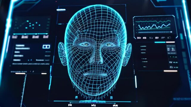 Facial recognition technology, person face with data of AI biometric system on computer screen, 3d digital scanning of man. Concept of verification, identification