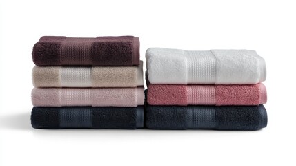 A set of multi-colored towels folded neatly on a white isolated background