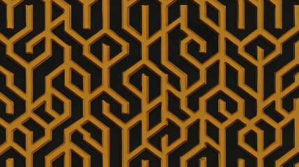 Abstract gold geometric pattern, intricate maze-like design, dark background, suitable for wallpaper or textile design