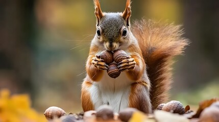 Obraz premium A squirrel gathering acorns in an autumn park