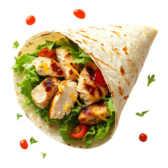 A Fresh Chicken Tortilla Wrap with Lettuce Cheese and Burrs Isolated on Transparent Background