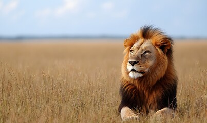 Majestic Lion Portrait in the African Savannah with a distant horizon