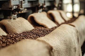 Burlap sacks overflowing with roasted coffee beans. Bags sit on a stainless steel counter beneath roasting machinery.