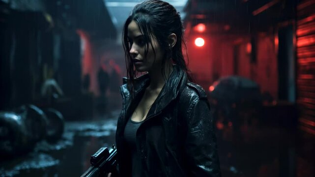 Young woman in black jacket holding gun on dark street like in action movie, adult girl spy or killer with weapon at night. Concept of detective, mercenary. 