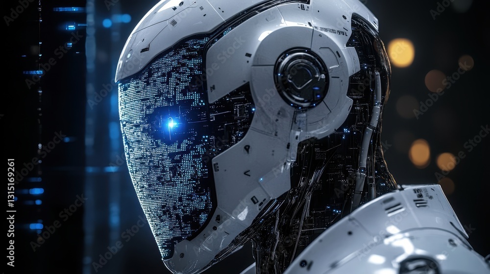 Poster futuristic robot design showcase virtual environment digital art cyberpunk aesthetic close-up view t