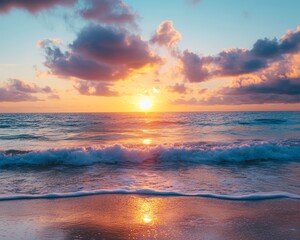 Fototapeta premium The Embrace of the Sun and the Ocean. Beautiful sunrise scenery over the sea with reflection on the surface. 