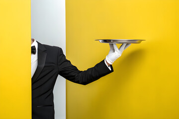 Surreal Waiter Arm Through Wall Holding Silver Tray