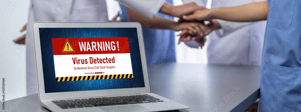 Aufkleber virus warning alert on computer screen detected brisk cyber threat , hacker, computer virus and malw