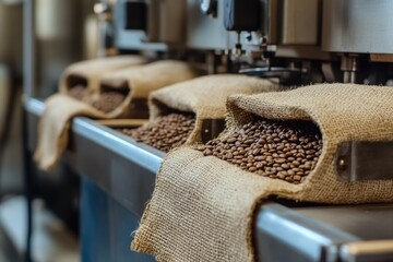 Burlap sacks overflowing with roasted coffee beans. Bags sit on a stainless steel counter beneath roasting machinery.