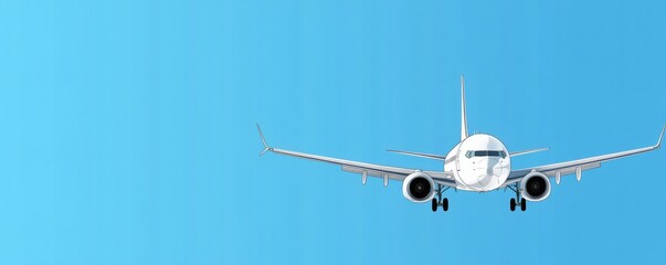 Naklejka premium A white passenger airplane flies in a bright blue sky