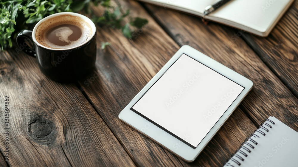 Leinwandbilder warm light fills a rustic table where a steaming cup of coffee sits beside a blank tablet and an ope