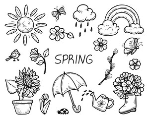 Set spring elements. Hand drawn doodle. Bird, butterfly, ladybug. Tulip, daisy, bouquet of flowers. Nice weather, sun, rainbow, warm rain. Umbrella. Garden watering can. Vector line art illustration.