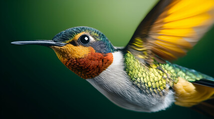 Fototapeta premium A colorful hummingbird in flight with wings spread wide gracefully