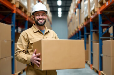 Male warehouse worker holding a box in his hands. Happy man in uniform working in a warehouse. Warehouse manager.