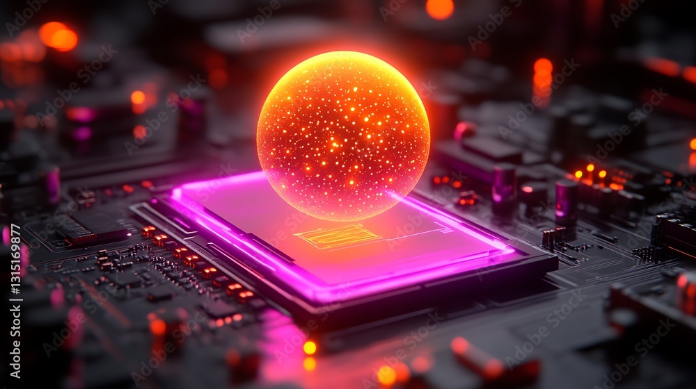 Poster glowing energy sphere hovers above a computer processing unit